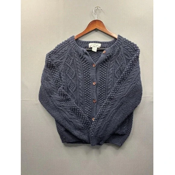Orvis Cardigan Sweater Womens Navy Blue Silk Cotton Cable Knit Pockets M - Picture 2 of 8